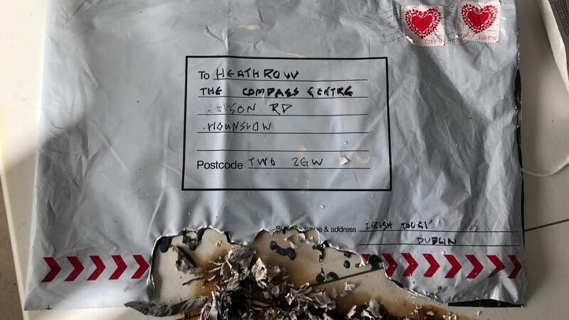 A  photograph provided by the Metropolitan Police showing  a package containing a small improvised explosive device that was delivered to the Compass Centre in London. Photograph:  Getty Images