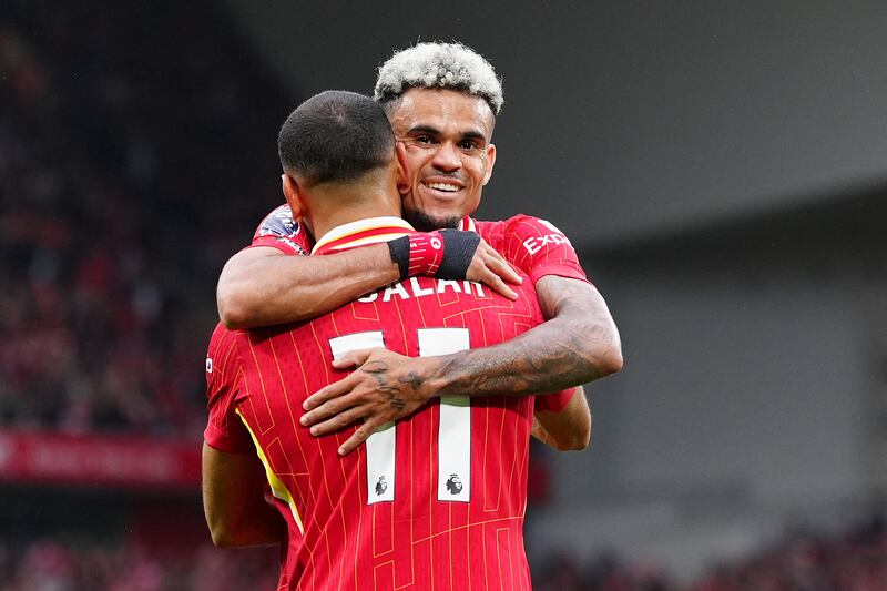 Liverpool's Mohamed Salah and Luis Diaz celebrate. Photograph: Peter Byrne/PA