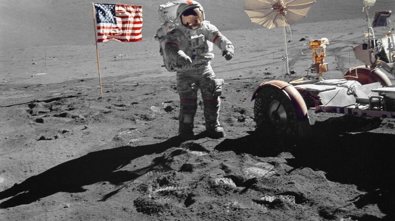 Cernan walking toward the Lunar Roving Vehicle (LRV) during extravehicular activity on the moon. Photograph: Harrison H Schmitt/AFP/Getty Images