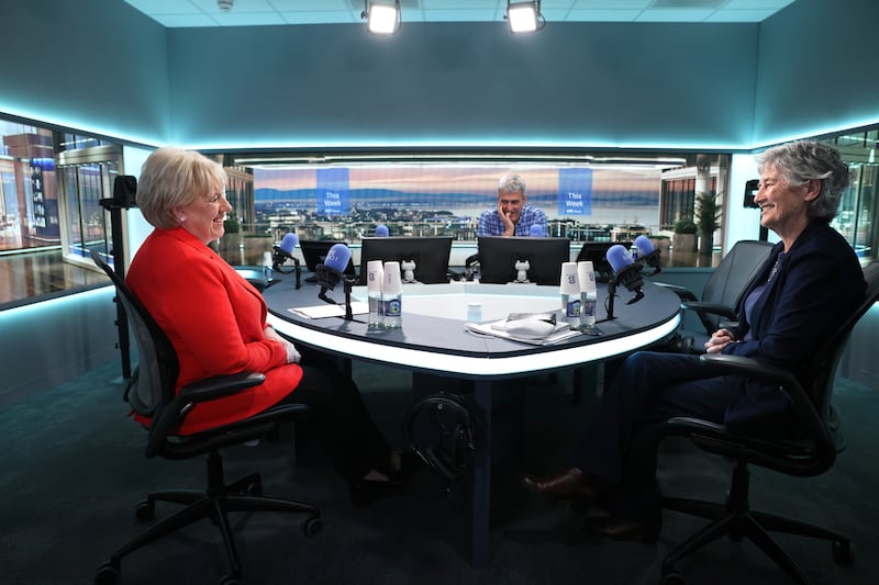 Presidential candidates Heather Humphreys and Catherine Connolly at RTÉ for a presidential debate on This Week, with David McCullagh. Photograph: Dara Mac Dónaill/The Irish Times