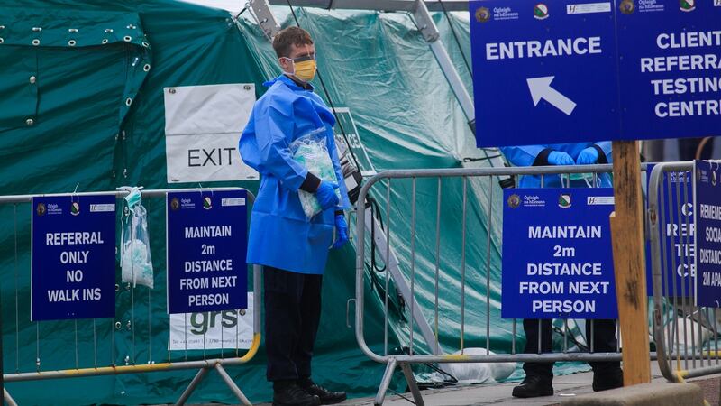 Staff at the  testing area for Covid-19 (coronavirus) at Sir John Rogerson’s Quay, in Dublin on Tuesday. Photograph: Gareth Chaney/Collins