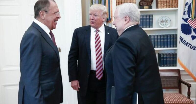 A file photograph made available by the Russian foreign ministry shows US president Donald Trump speaking with Russian foreign minister Sergei Lavrov (left) and Russian ambassador to the US Sergei Kislyak during their meeting in the White House in Washington in May,2017. Photograph: EPA/Russian foreign ministry