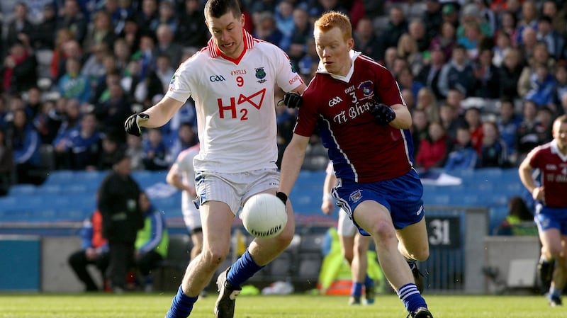 Ronan O’Neill (left) of Derrytresk: no matter where you put him he ends up scoring a goal. Photograph: Ryan Byrne/Inpho
