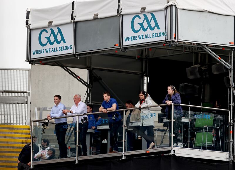 The RTÉ studio team watch the All-Ireland semi-final between Galway and Dublin at Croke Park. Photograph: James Crombie/Inpho