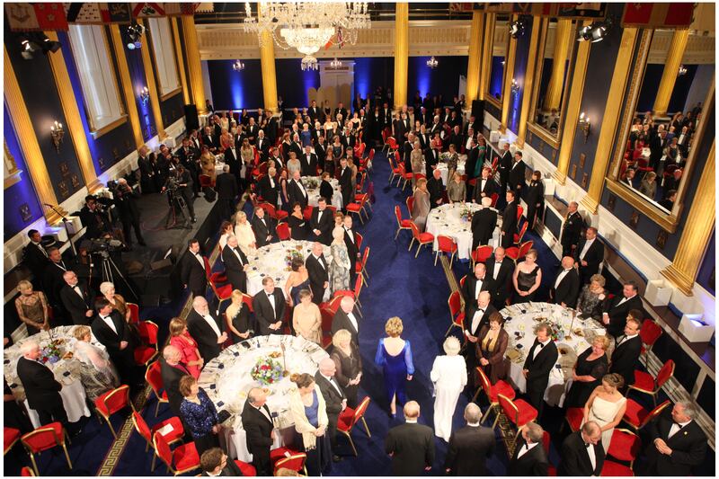  Her Majesty Queen Elizabeth II with President McAleese arrive for  a special State Dinner in St Patricks Hall Dublin Castle in her honour on day two of her State Visit to Ireland in 2011. Photograph: Bryan O'Brien / THE IRISH TIMES 