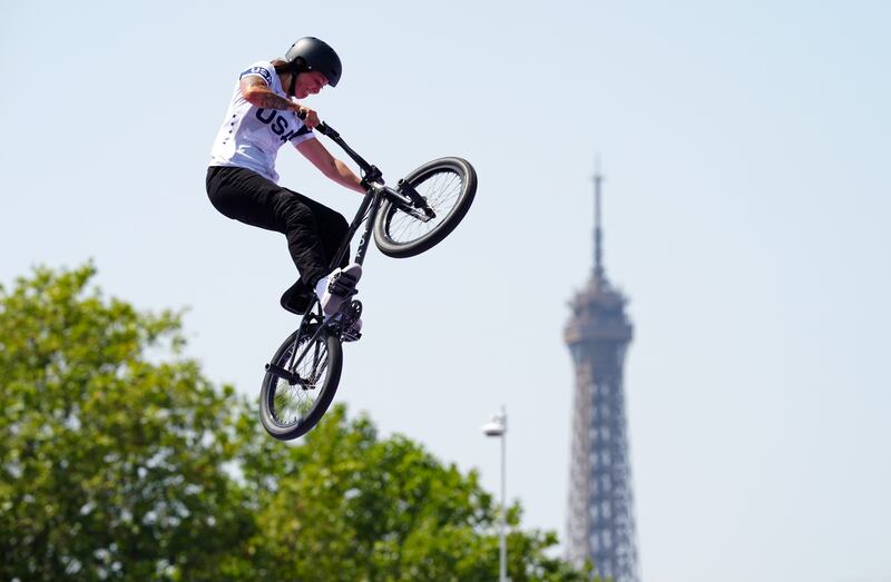 USA's Perris Benegas during the women's BMX freestyle qualification at La Concord on the fourth day of the Olympics. Photograph: David Davies/PA Wire.


