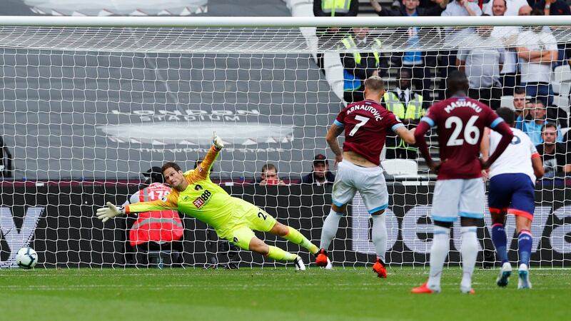 Marko Arnautovic gives West Ham  the lead from the penalty spot. Photograph: Eddie Keogh/Reuters