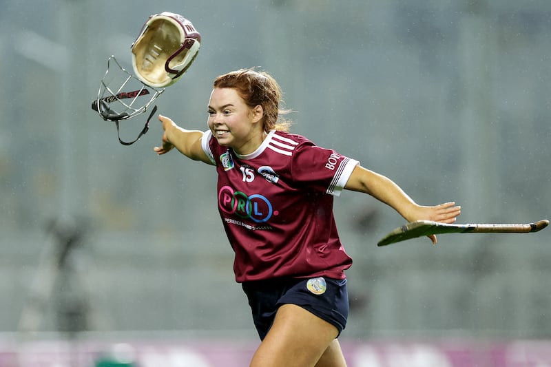 Jenny Clifford celebrates Dicksboro's win over Sarsfields in the All-Ireland Senior Camogie Championship at Croke Par on Sunday. Photograph: Inpho 