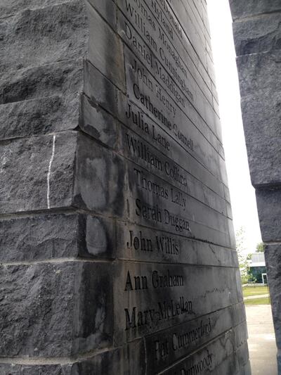 Jonathan Kearns's 25m-long Kilkenny limestone wall is engraved with 675 of the 1,186 Famine victims’ names.
