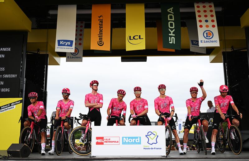 Team EF Education - EasyPost ahead of Saturday's opening stage setting off from Lille. Ireland's Ben Healy (second from left) with his team-mates Vincenzo Albanese, Kasper Asgreen, Alex Baudin, Neilson Powless, Harry Sweeny, Michael Valgren and Marijn Van Den Berg. Photograph: Dario Belingheri/Getty Images