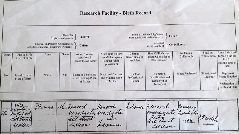 The birth certificate of Thomas Woodgate, who was killed   in the first World War aged 14