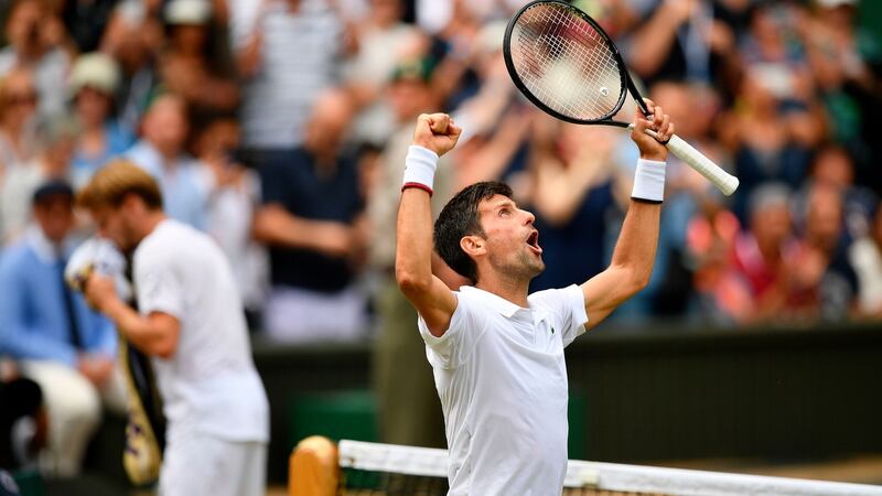 Novak Djokovic celebrates beating David Goffin during their men’s singles quarter-final at Wimbledon. Photo: Daniel Leal-Olivas/Getty Images