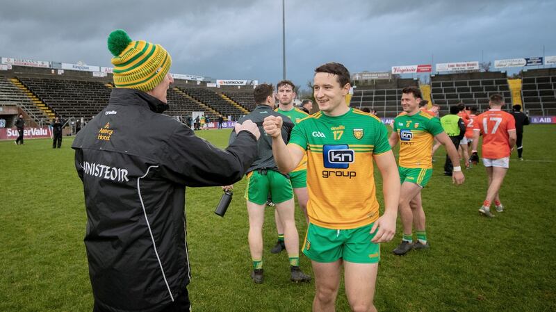 Declan Bonner and Eoin McHuge celebrate after Donegal’s rout of Armagh. Photograph: James Crombie/Inpho