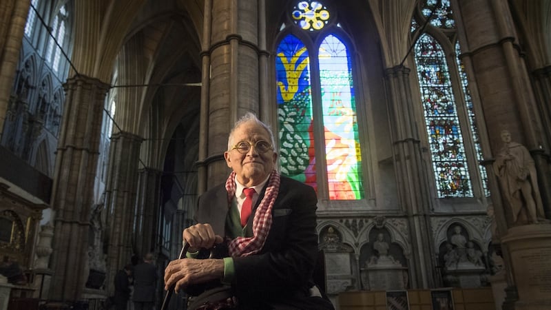 David Hockney in front of The Queen’s Window, a new stained-glass window at Westminster Abbey he designed, revealed for the first time on September 26th in London. Photograph: Victoria Jones/Getty Images