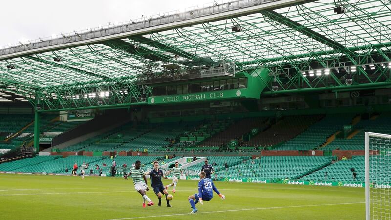 Celtic’s Odsonne Edouard scores his side’s third goal of the game during the Scottish Premiership match against Hamilton Academical at Celtic Park, Glasgow. Photo: Andrew Milligan/NMC Pool/PA Wire.