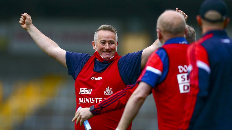Cork manager  Pat Ryan celebrates at the final whistle. Photograph: Ken Sutton/Inpho