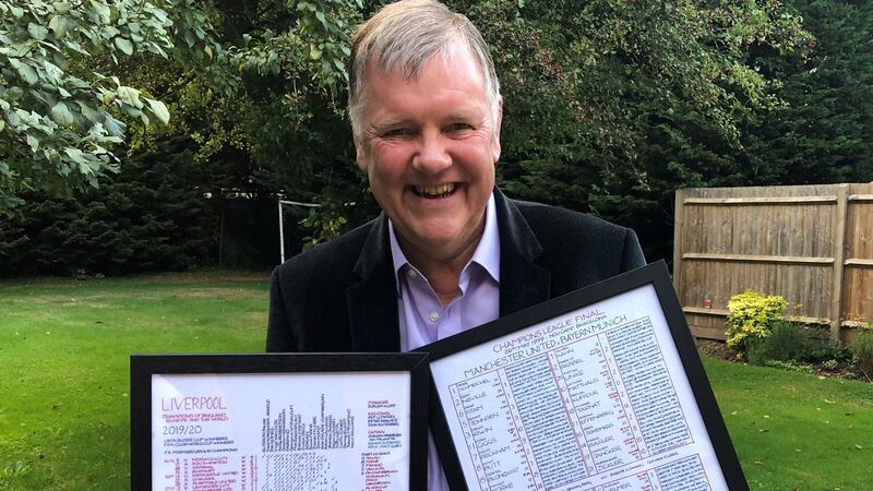 Clive Tyldesley with two of his commentary charts, which he sells online.