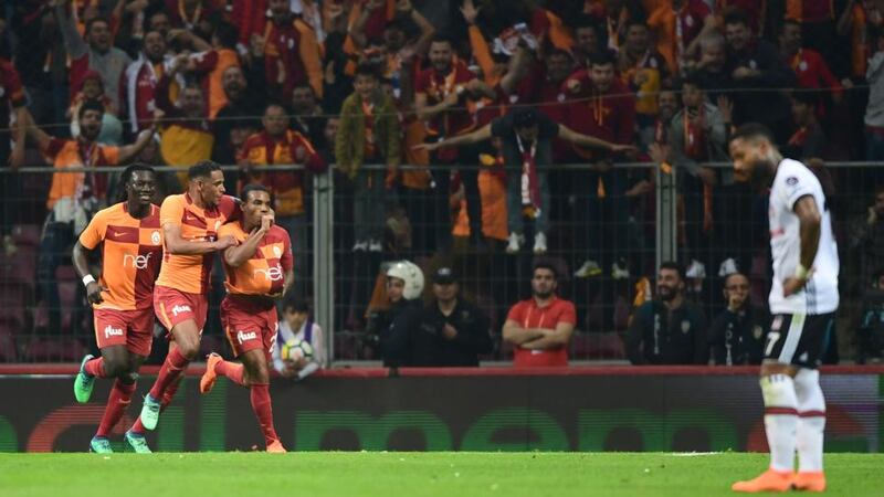 Galatasaray’s Gary Rodrigues celebrates scoring during his side’s 2-0 win over Besiktas. Photograph: Ozan Kise/AFP