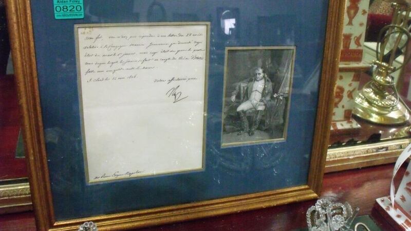 A letter from Napoleon Bonaparte to his son, 1806, for sale at Aidan Foley’s auction in Cong, Co Mayo, has a guide price of €800-€1,400.