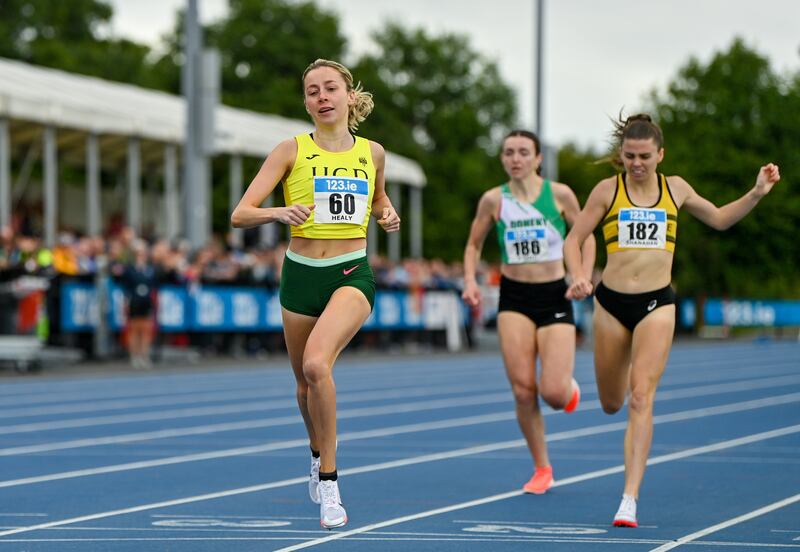 Sarah Healy wins the 800m at the National Outdoor Senior Championships at Morton Stadium, Dublin, in 2024. Photograph: Sam Barnes/Sportsfile