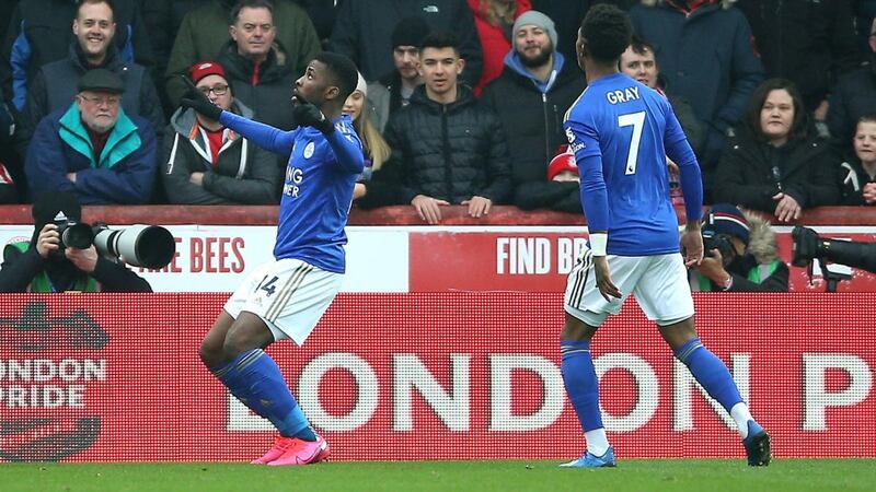 Kelechi Iheanacho celebrates scoring Leicester City’s winner against Brentford. Photograph: Nigel French/PA
