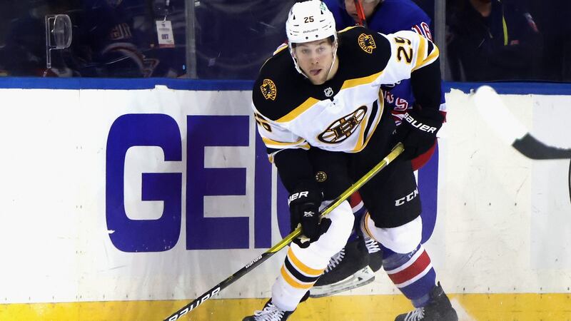 Brandon Carlo in action for the Boston Bruins against the New York Rangers at Madison Square Garden on February 10th. Photograph:  Bruce Bennett/Getty Images