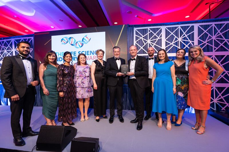 Paul O'Hare, managing director at Ellab Ireland, presents the life sciences company of the year – large award to Janssen Sciences Ireland team