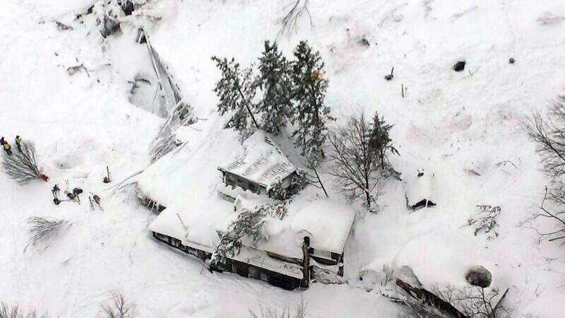 The Hotel Rigopiano in Farindola, overwhelmed by an avalanche after three earthquakes hit the Abruzzo region of Italy. Photograph: EPA/Italian fire department