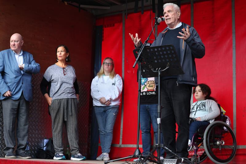 Cost of Living Coalition speaker Fr Peter McVerry, with from left; Seamus Dooley ICTU, Mary Lou McDonald,  Beth O’Reilly, President USI, and Sophia Mulvany, Access for All. Photograph: Dara Mac Dónaill / The Irish Times








