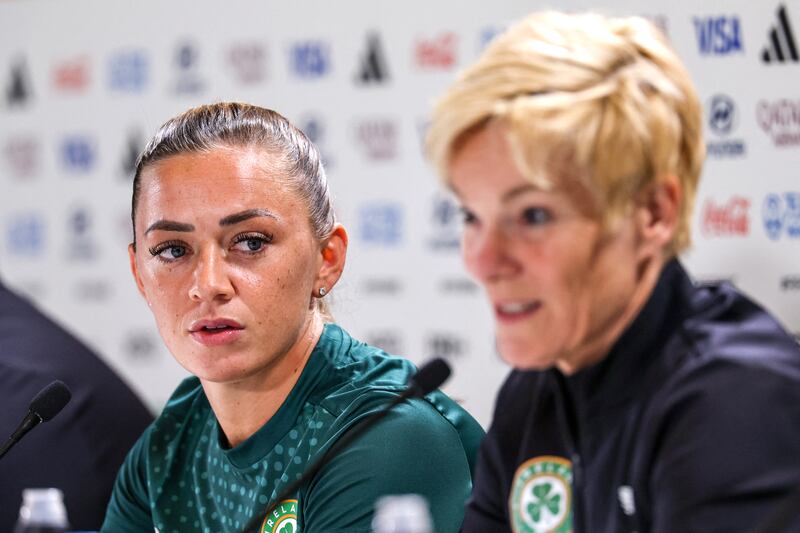 Ireland's team captain Katie McCabe (L) listens as coach Vera Pauw answers a question during a press conference in Australia. Photograph: David Gray/AFP via Getty