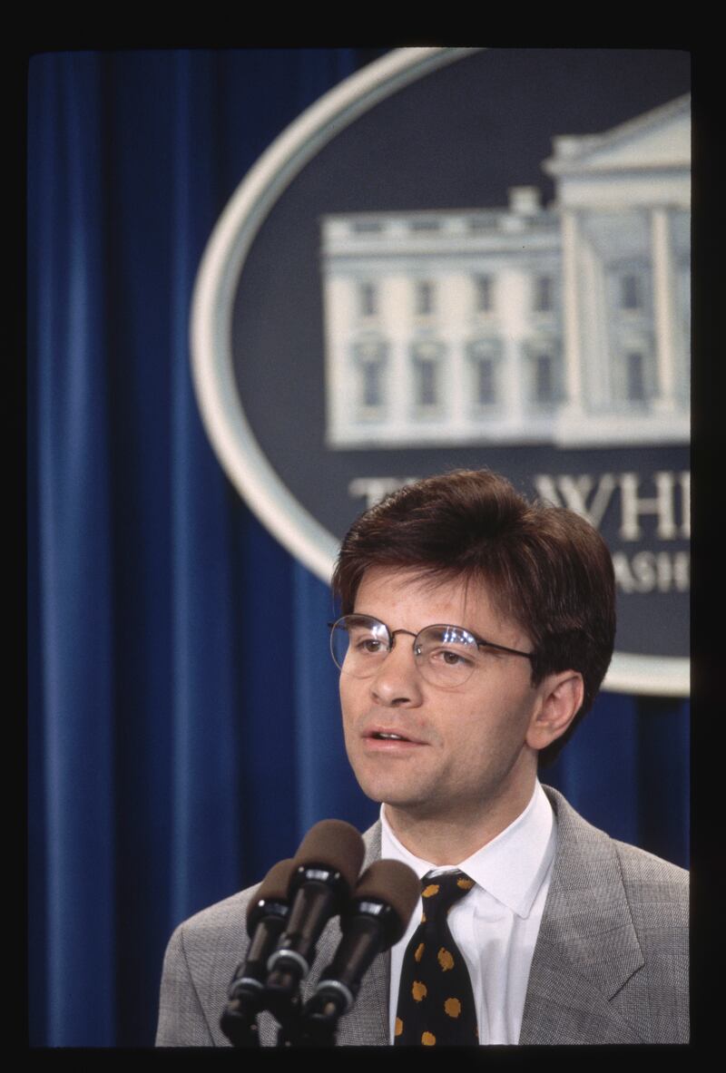 George Stefanopoulos speaks to the media in the briefing room at the White House. He was the White House director of communications during Bill Clinton's first term as president. Photograph: Wally McNamee/Corbis