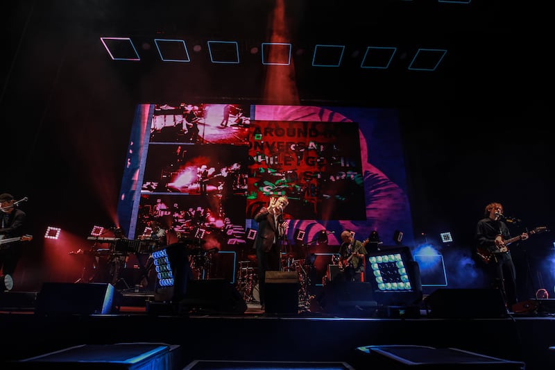 DUBLIN, IRELAND - SEPTEMBER 21: Aaron Dessner, Matt Berninger & Bryce Dessner of The National performs at The 3Arena Dublin on September 21, 2023 in Dublin, Ireland. (Photo by Debbie Hickey/Getty Images)