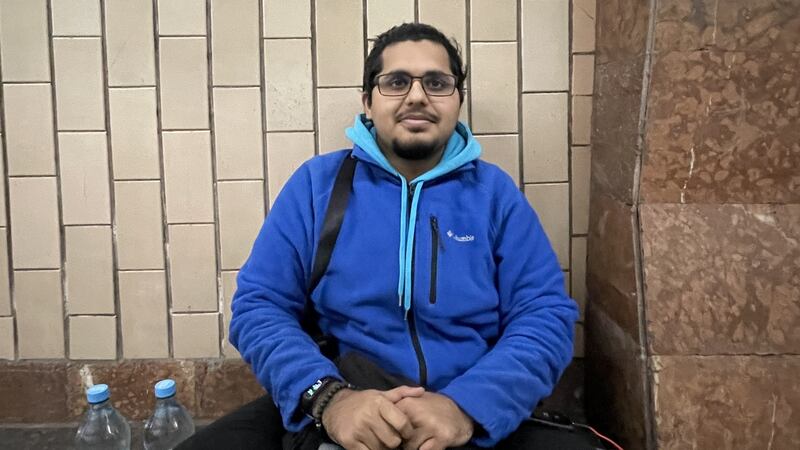 Nimish, a medical student from India, shelters from possible Russian shell and missile fire in a metro station in Kharkiv in eastern Ukraine.