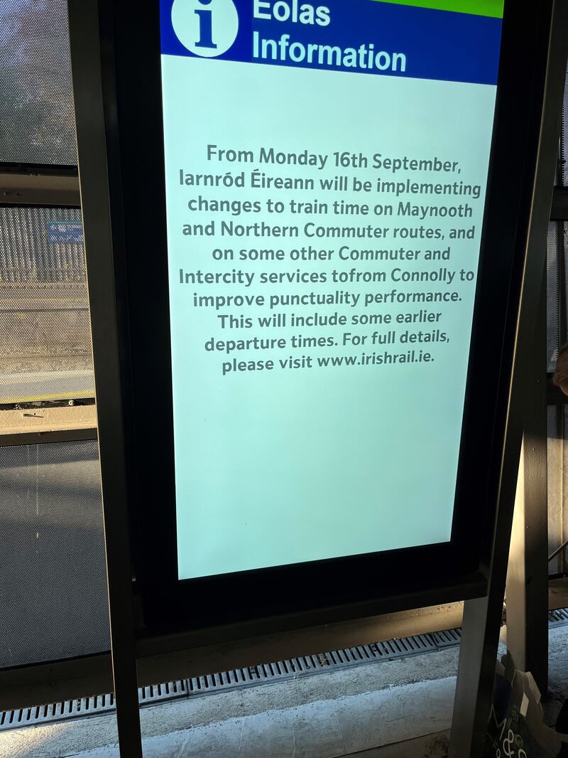 Notice at rail station in Dublin detailing amendments are to be made to Irish Rail timetables on commuter routes after earlier changes in August caused delays and frustration for passengers. Pic taken September 2024