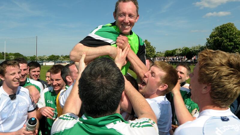 London manager Paul Coggins is carried by jubilant team members after their victory over Sligo in the 2013 Connacht SFC quarter-finals at Ruislip. Photograph: Jim Keogh/Inpho