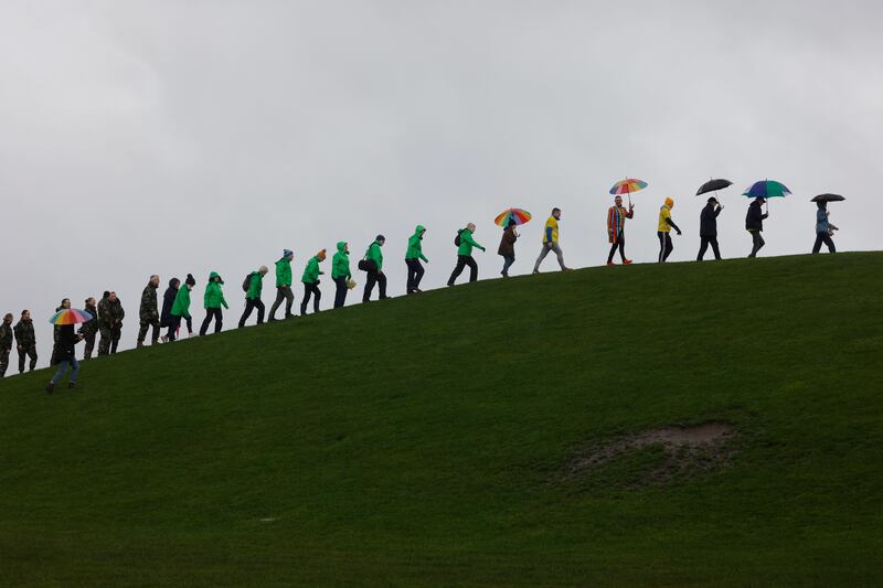 Charlie Bird and others at the start of a 5K walk in the Phoenix Park to mark the first anniversary of Climb with Charlie. Photograph: Alan Betson

