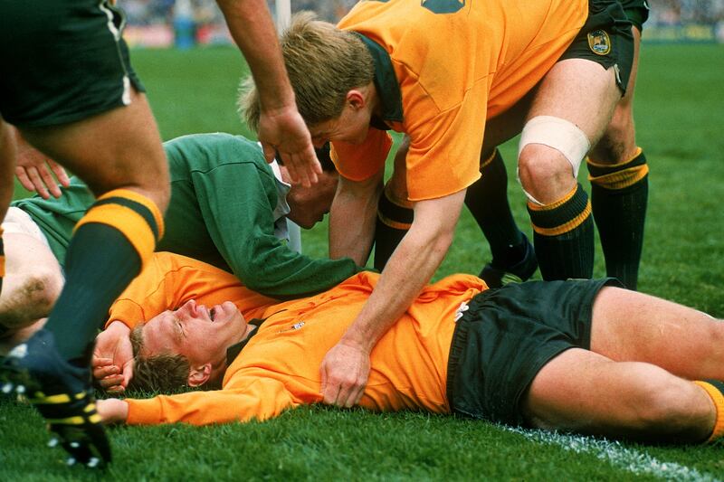 Michael Lynagh of the Wallabies celebrates the match-winning try which broke Irish hearts at Lansdowne Road on October 20th, 1991 in Dublin.  Australia won the quarter-final clash 19-18 and went to beat England in the final. Photograph:  Shaun Botterill/Getty Images