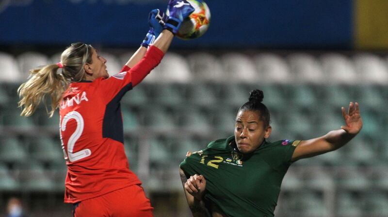 Ukraine goalkeeper Iryna Sanina claims the ball ahead of Ireland striker during the European Championship qualifier at the  Obolon Arena in Kiev. Photograph: Aleksandar Djorovic/Inpho