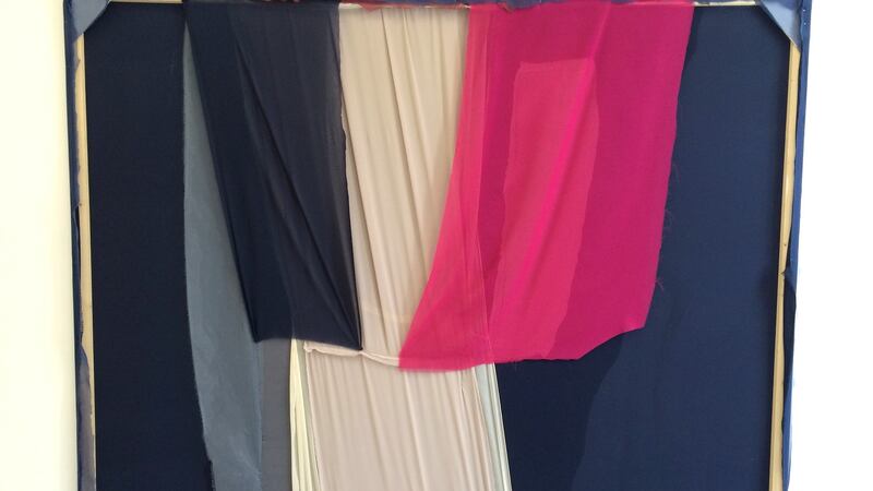 The apparent abstraction of Kate Cunningham’s elegant coloured compositions is subtly expanded by her choice of fabrics  and by shapes, folds and other elements