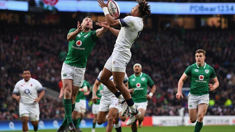 Rob Kearney challenges Anthony Watson before Garry Ringrose touched down for Ireland’s Opening try at Twickenham.   Photograph: Shaun Botterill/Getty Images