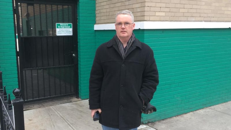 Old friend: Emmanuel Touhey at the spot where Grace Farrell died in New York, in a doorway at St Brigid’s Church in Manhattan. Photograph: Michael Kealy