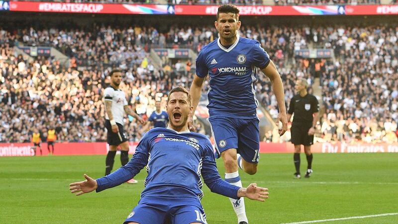 Eden Hazard celebrates the goal which gave Chelsea a 3-2 lead over Tottenham in the  English FA cup semi-final  at Wembley. Photograph: Facundo Arrizabalaga/EPA