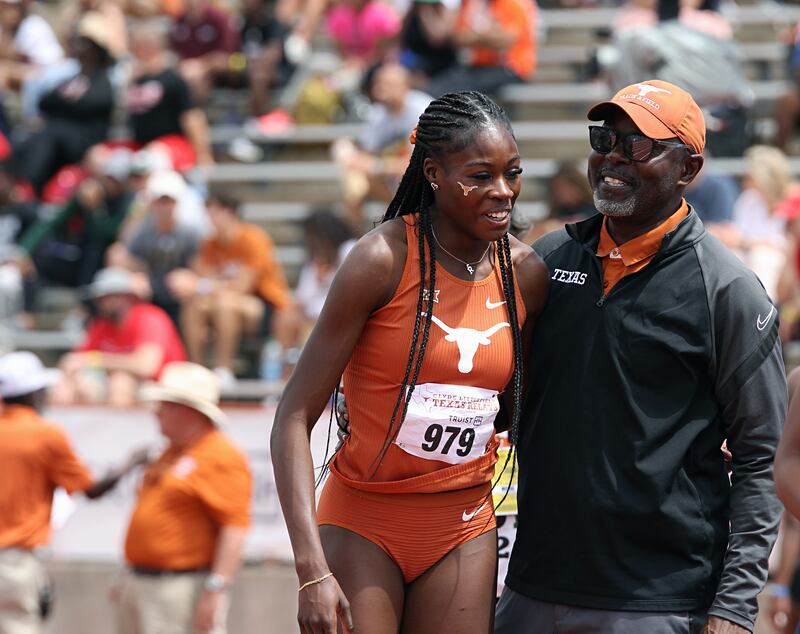 Texas two: Rhasidat Adeleke with Coach Flo in competition at the Texas Relays on April 1st, 2023.  Photograph: Darragh Bambrick