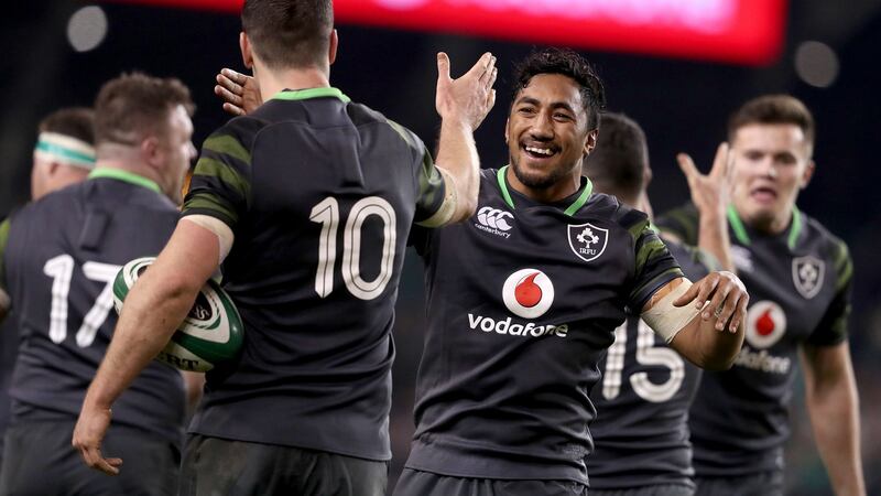 Ireland’s Bundee Aki celebrates with Johnny Sexton. Photograph: Dan Sheridan/Inpho