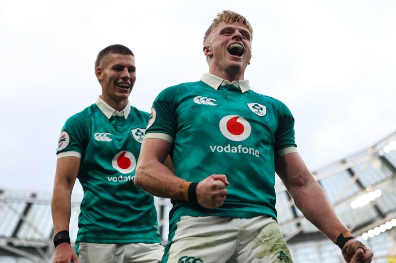 Tommy O'Brien celebrates scoring his sides 6th try of the match against Japan. Photograph: INPHO/ Billy Stickland