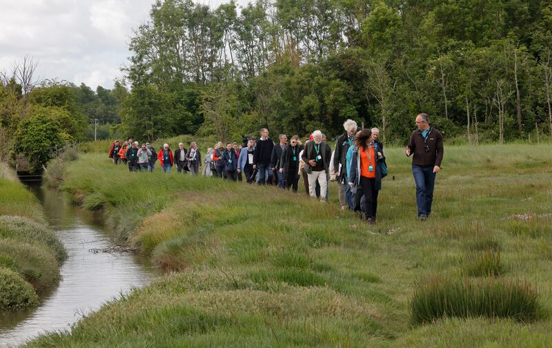 Dr Aoibhinn Ní Shúilleabháin, chairwoman of the Citizens’ Assembly on Biodiversity Loss, speaking to Hans Visser, biodiversity officer of Fingal County Council with members of the Citizens’ Assembly at Turvey Nature Reserve, near Donabate, Co Dublin
