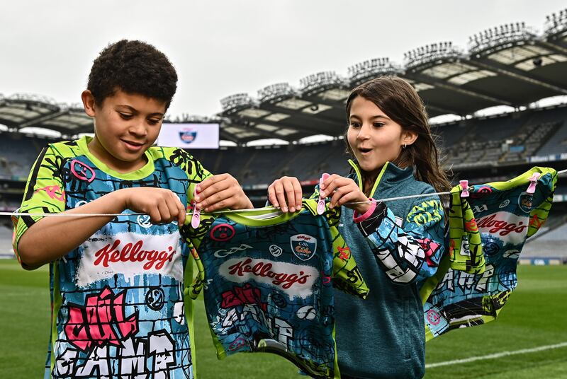 Levi Hutch (9) and Patricia Grace Pop (7) at the launch of the 2023 Kellogg’s GAA Cúl Camps. Photograph: Sam Barnes/Sportsfile
