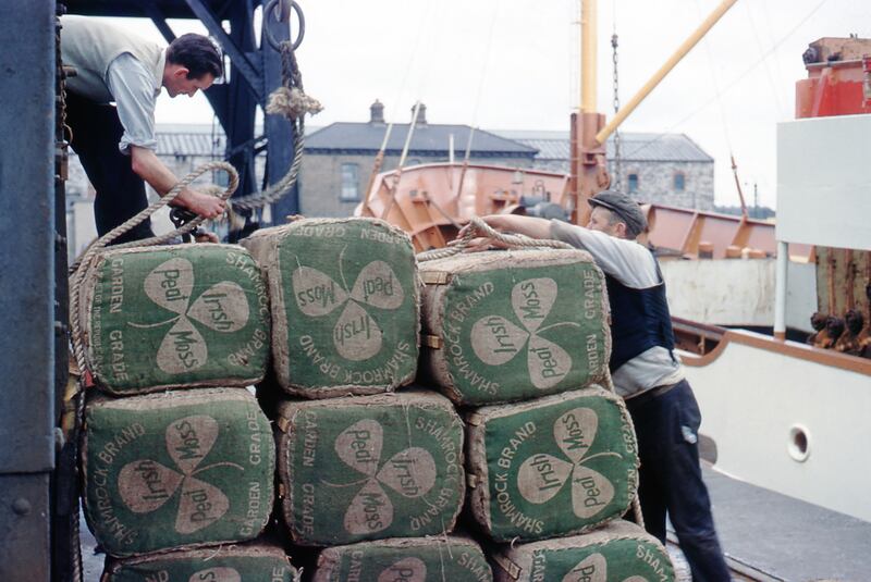 Dockers prepare Irish peat moss for loading on to a ship. Photograph: Dublin Port Company Archive