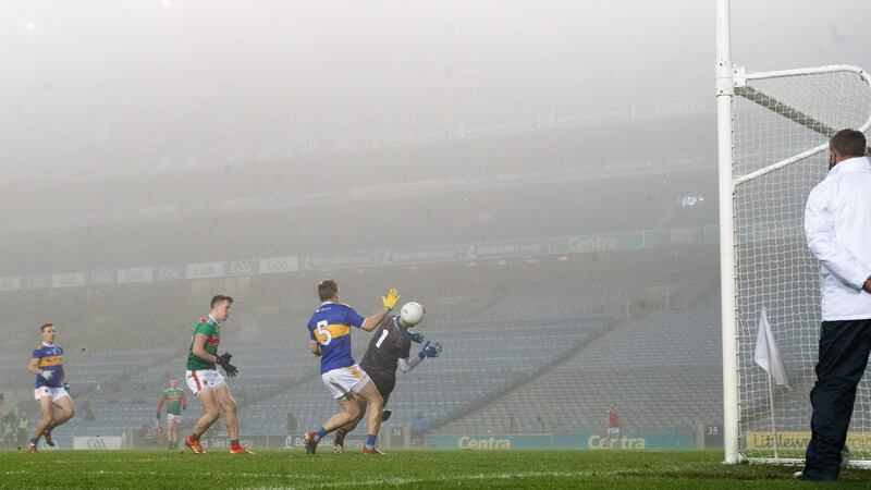 Cillian O’Connor scores Mayo’s fifth. Photo: James Crombie/Inpho