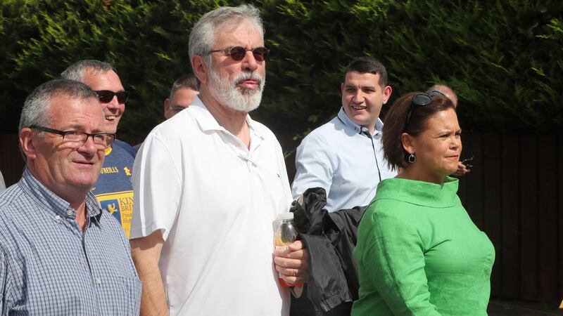 Former Sinn Féin leader Gerry Adams (centre) with Sinn Féin president Mary Lou McDonald during the 37th National Hunger Strike Commemoration in Castlewellan, Co Down. Photograph: Niall Carson/PA Wire